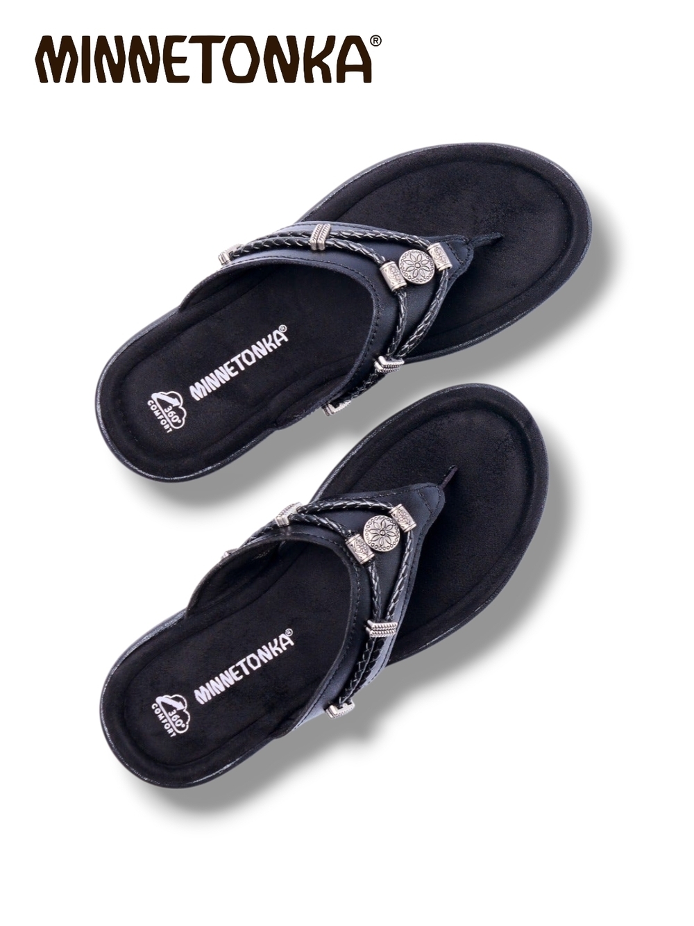Minnetonka Women’s Silverthorne 360 Black Braided Thong Western Sandals Size 10